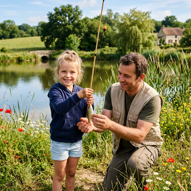 Enfant fier montrant son premier poisson au bord d'un étang français, accompagné par son père