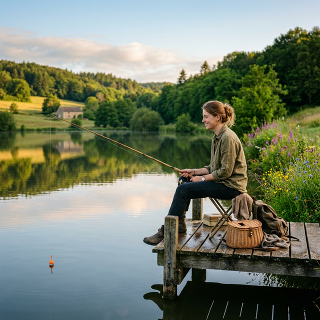 Jeune femme pêchant sereinement au bord d'un lac dans la campagne française, assise sur un ponton en bois