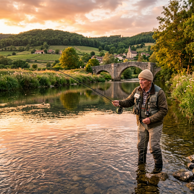 Pêcheur à la mouche au coucher du soleil sur une rivière française avec vieux pont en pierre et collines verdoyantes