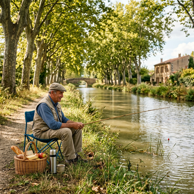 Pêcheur décontracté installé au bord d'un canal du sud de la France avec canne simple et panier pique-nique