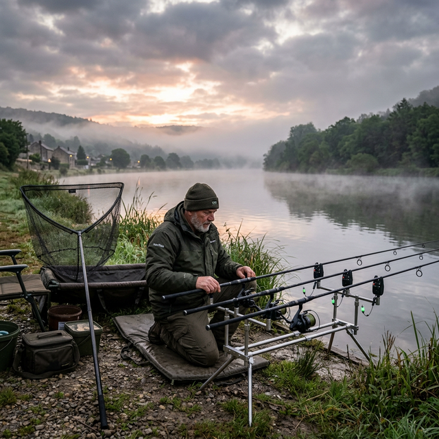 Pêcheur passionné avec installation multi-cannes au bord d'une rivière française à l'aube