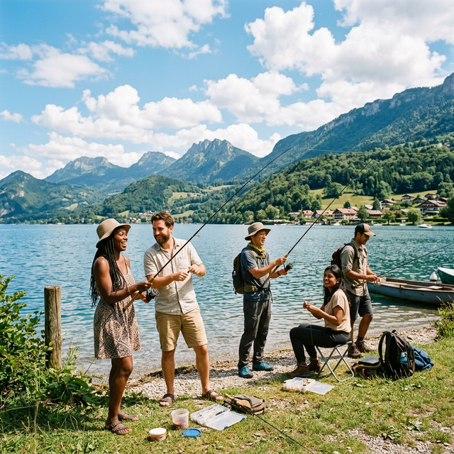 Groupe de touristes internationaux pêchant au bord d'un lac français en été