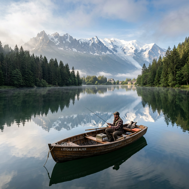 Pêcheur dans une barque sur un lac de montagne alpin, entouré de sapins et sommets enneigés