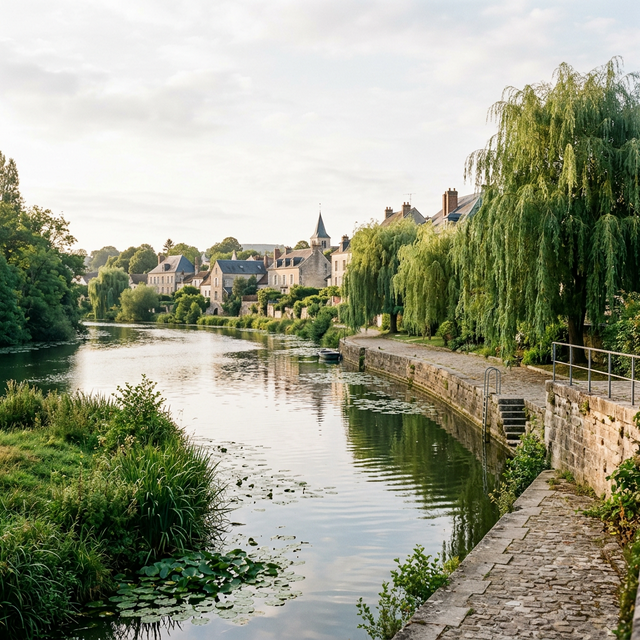 Rivière paisible bordée de saules pleureurs en Île-de-France — lieu de pêche près de Paris