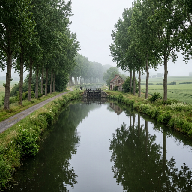 Canal bordé de peupliers dans la campagne du Aisne — pêche au coup en eau calme