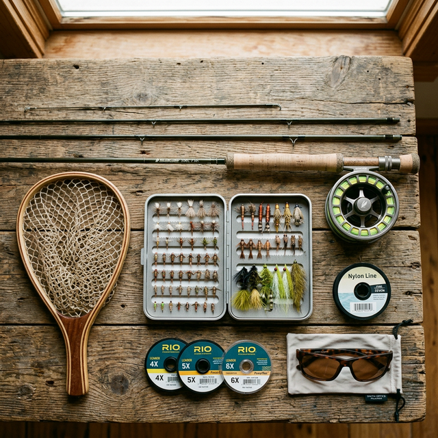 Équipement complet de pêche à la mouche : canne, moulinet, soie, mouches et accessoires
