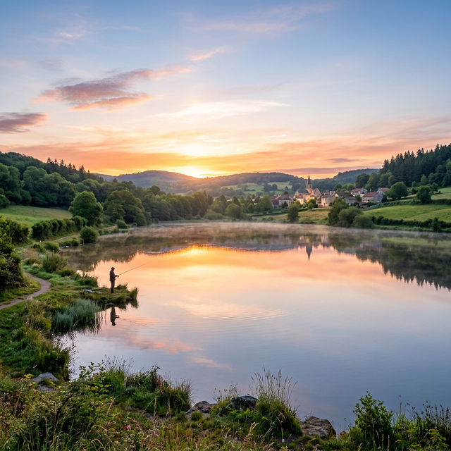 Lac de campagne française au lever du soleil avec un pêcheur sur la berge