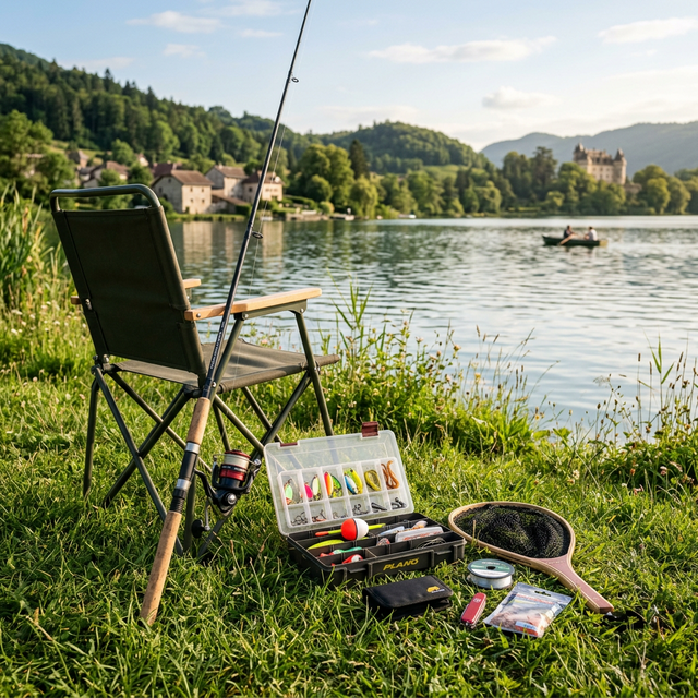 Matériel de pêche pour débutant installé au bord d'un lac français : canne, moulinet, boîte de leurres et épuisette