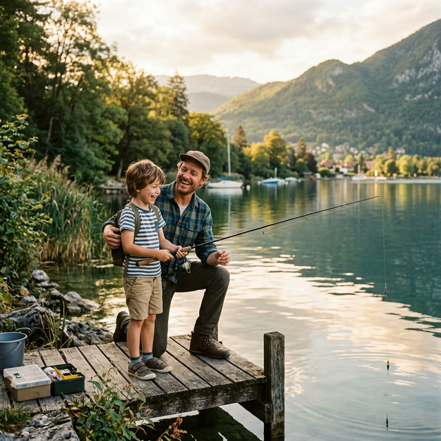 Père et fils pêchant ensemble au bord d'un lac de montagne, moment de bonheur familial