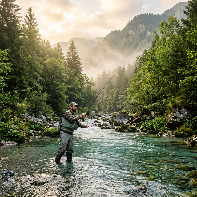 Pêcheur à la mouche dans une rivière de montagne aux eaux cristallines