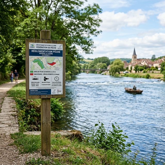 Panneau de réglementation pêche au bord d'une rivière française, utile pour choisir son AAPPMA et son secteur