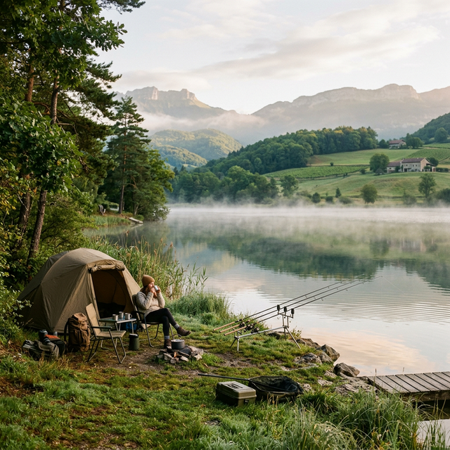 Bivouac au bord d'un lac français avec cannes à pêche, matin brumeux en montagne