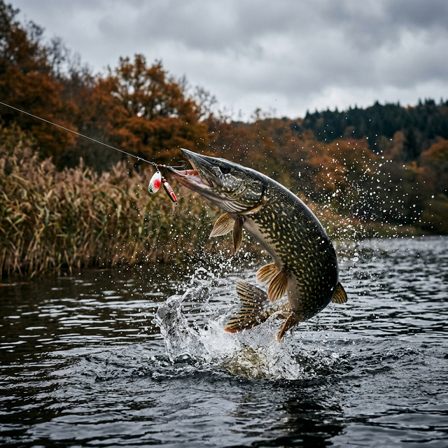 Brochet en plein combat bondissant hors de l'eau avec un leurre, éclaboussures spectaculaires