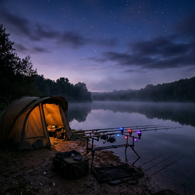 Session de pêche de la carpe de nuit au bord d'un lac, bivvy éclairé et cannes sur rod pod