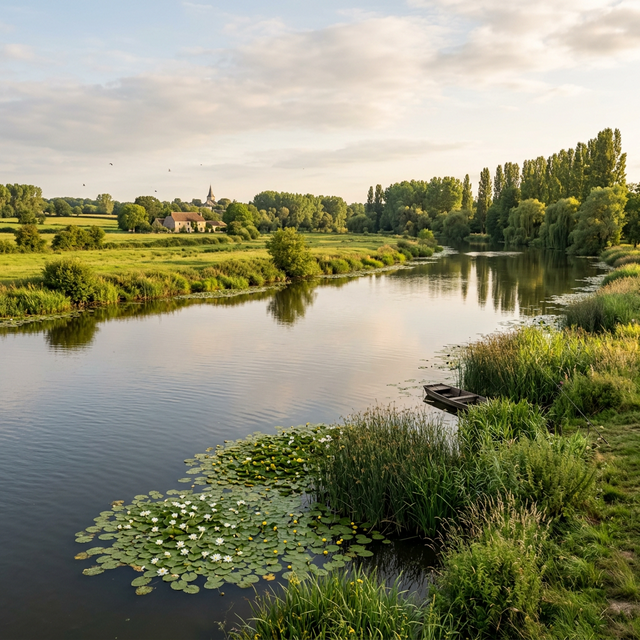 Rivière de plaine calme avec nénuphars et roseaux, typique des eaux de 2ème catégorie