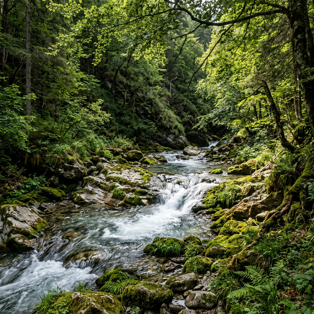 Ruisseau de montagne en forêt, typique des eaux de 1ère catégorie à truites