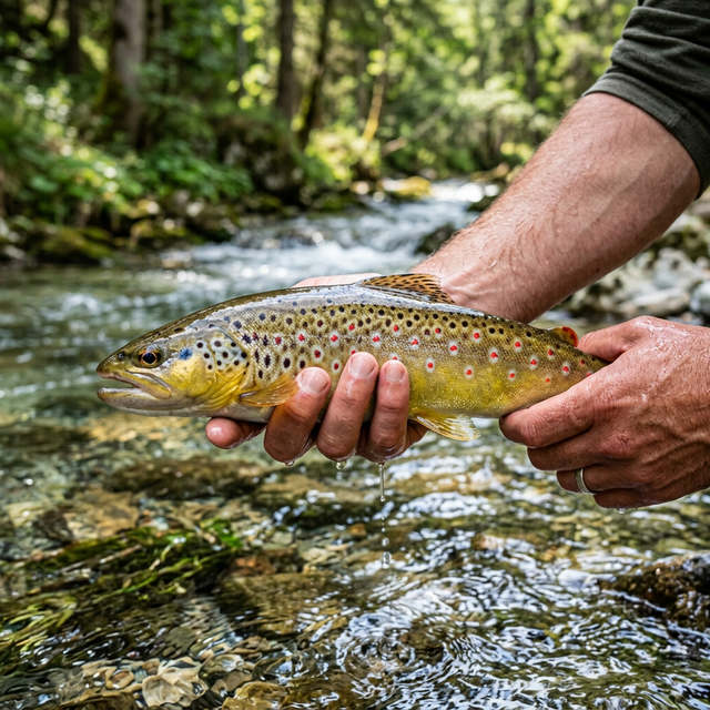 Truite fario sauvage aux points rouges et noirs tenue délicatement au-dessus d'un ruisseau cristallin